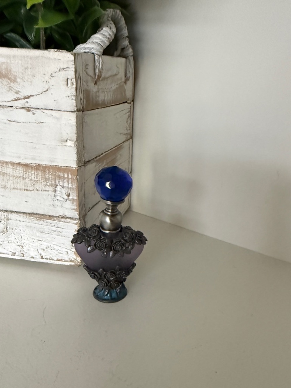 Vtg. Flower Frosted Lavender W/Cobalt Blue Stopper Anointing Oil Bottle (Empty) - Picture 2 of 12